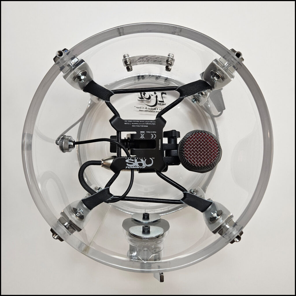 Kelly SHU® Tommyz - internal tom drum microphone mounting system. Show here inside an 8 x 8 tom drum.